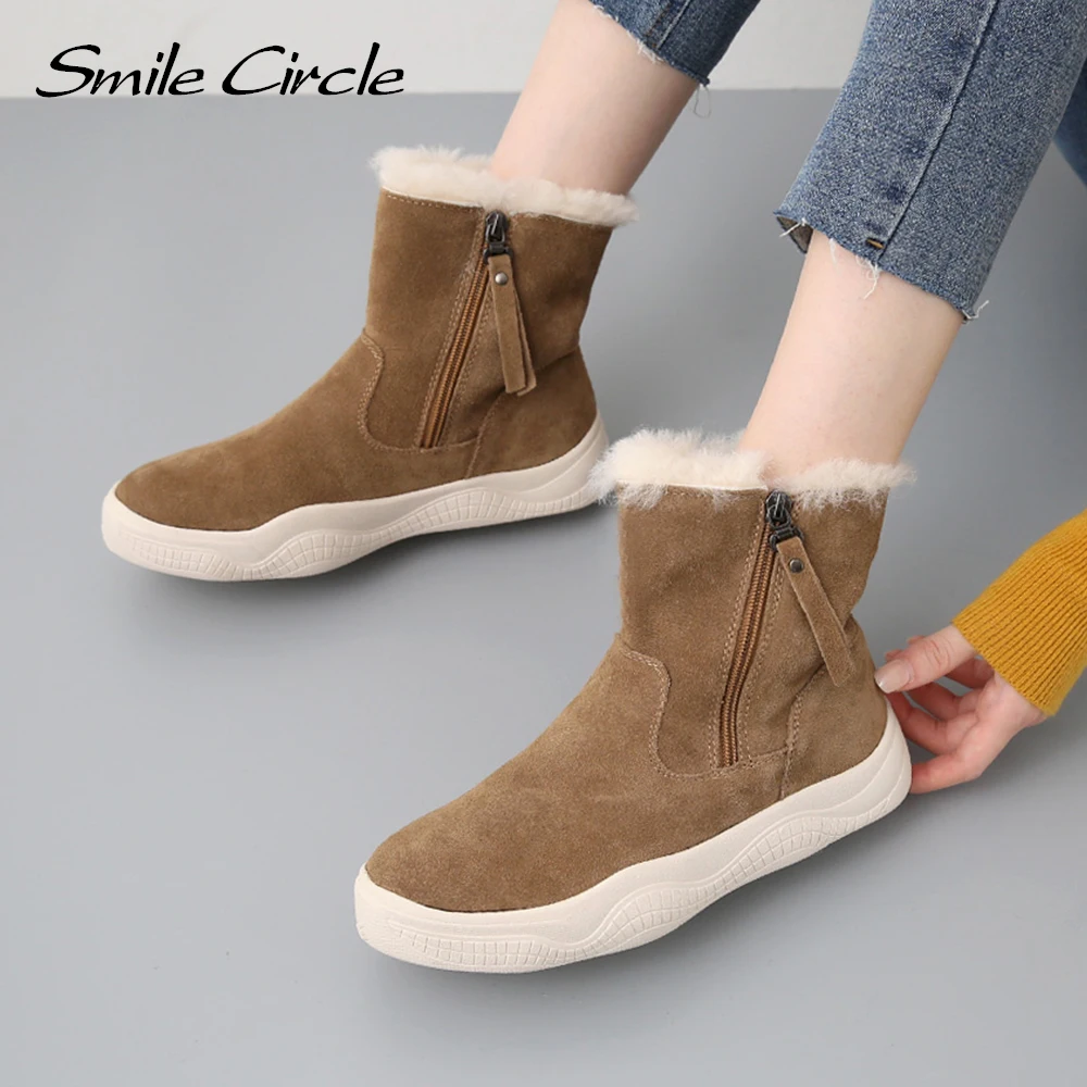 Smile Circle Suede Leather Ankle Boots Women Natural fur Warm Snow Boots Zipper Easy to wear Flat Boots Winter Ladies Shoes