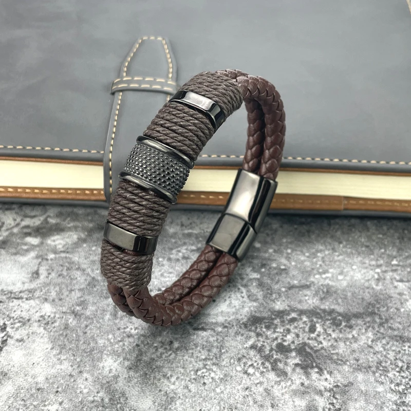 Fashion New Style Hand-woven Multi-layer Combination Accessory Stainless Steel Men's Leather Bracelet Classic Gift Big Sale