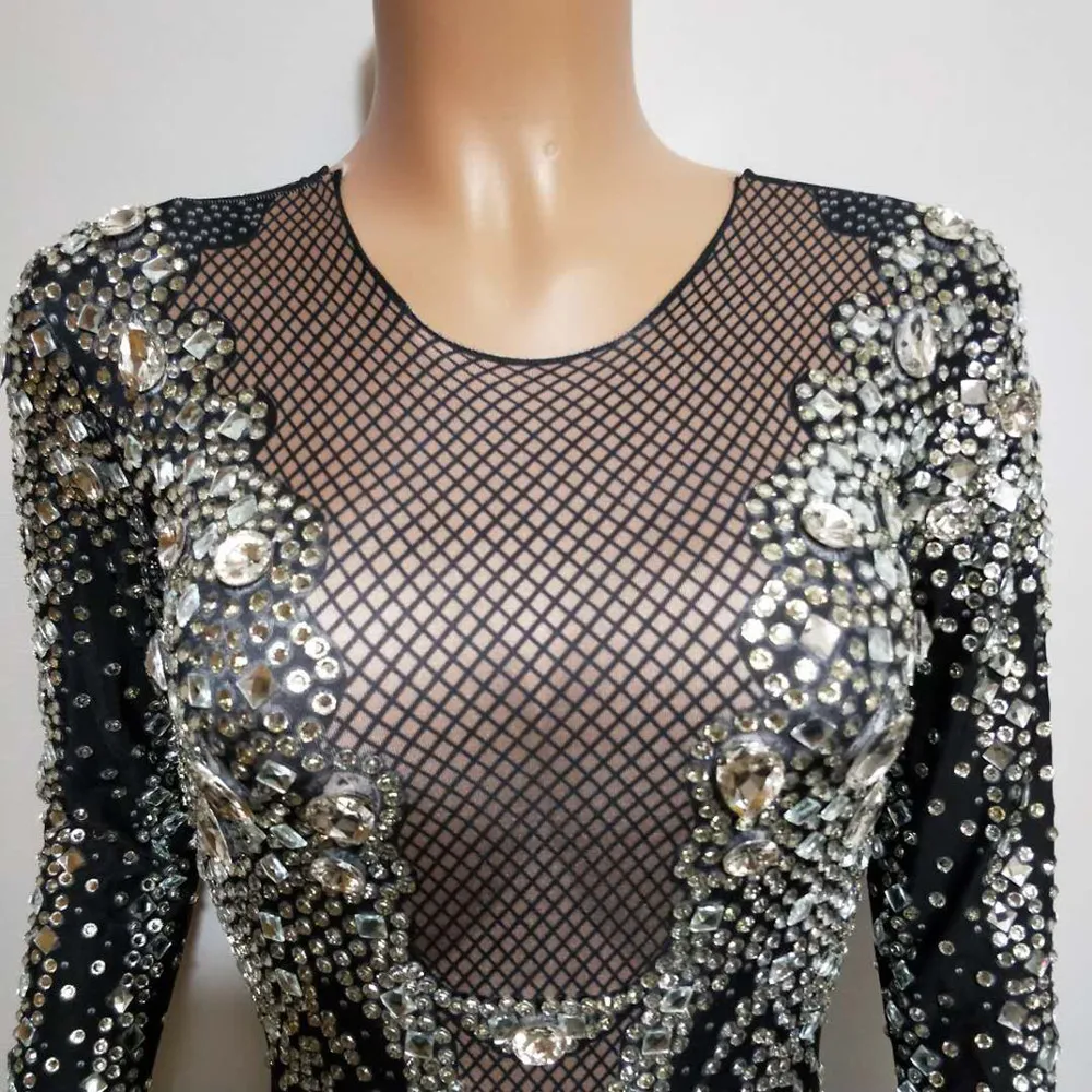 Sexy Stretch Rhinestones Party Jumpsuits Women Stretch Long Sleeve Crystal Romper Black Nightclub Prom Bodysuit Dance Stage Wear