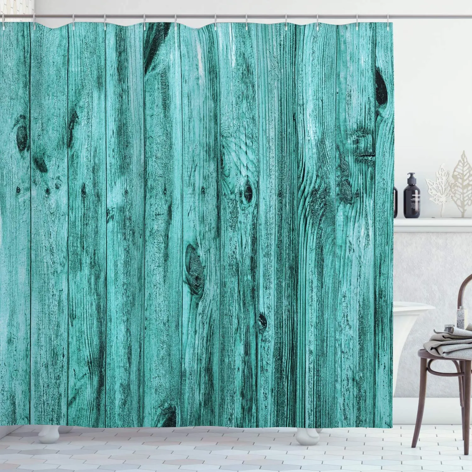 Turquoise Shower Curtain Wall of Turquoise Wooden Texture Background and Antique Timber Furniture Print Bathroom Decor Set