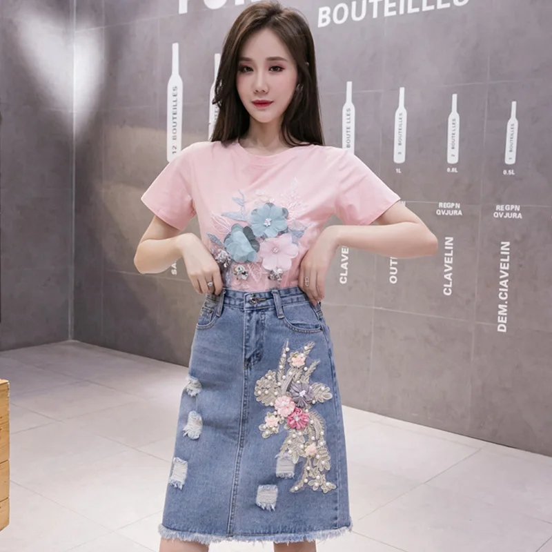 Women Summer 3D Embroidery Flower Set Short Sleeve T Shirt + Denim Skirt 2pcs 2021 New Fashion Women Sets XZ022