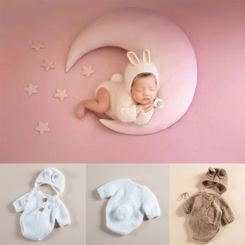 ❤️Newborn Photography Clothing Cute Knit Hat+Jumpsuit 2Pcs/set Studio Baby Photo Props Accessories Infant Shoot Rabbit Clothes