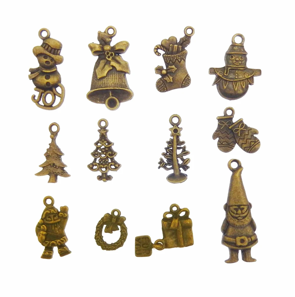 Julie Wang 10 PCS Mix Retro Bronze Alloy Christmas Charms Snowman Xmas Tree Stocking Gift Pendant Bracelet Dangle Jewelry Making