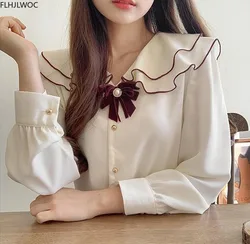 2020 Fall Autumn Long Sleeve Single Breasted Button Solid White Shirts Women Basic Peter Pan Collar Bow Tie Tops Japan Style