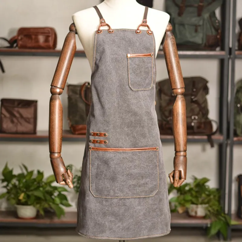 

Cross-back Gray Canvas Apron Cafe Barista Bartender Restaurant BBQ Pastry Chef Uniform Florist Barber Gardener Workwear B43