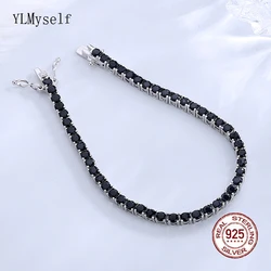 3mm Jet Zircon Real 925 Silver Tennis Bracelet 15/16/17/18/19/20/21 CM Hip Hop Rock Fine Jewelry For Women/Men