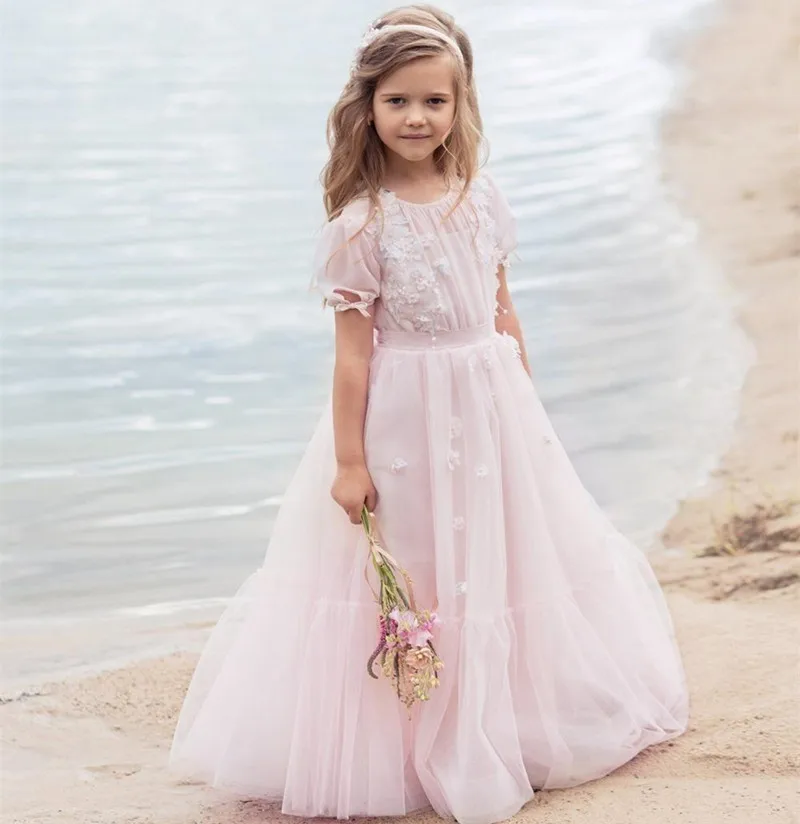 Flower Girl Dresses Lace Applique Sleeveless Delicate Beaded belt For Weddings First Communion For Girls Pageant Gowns