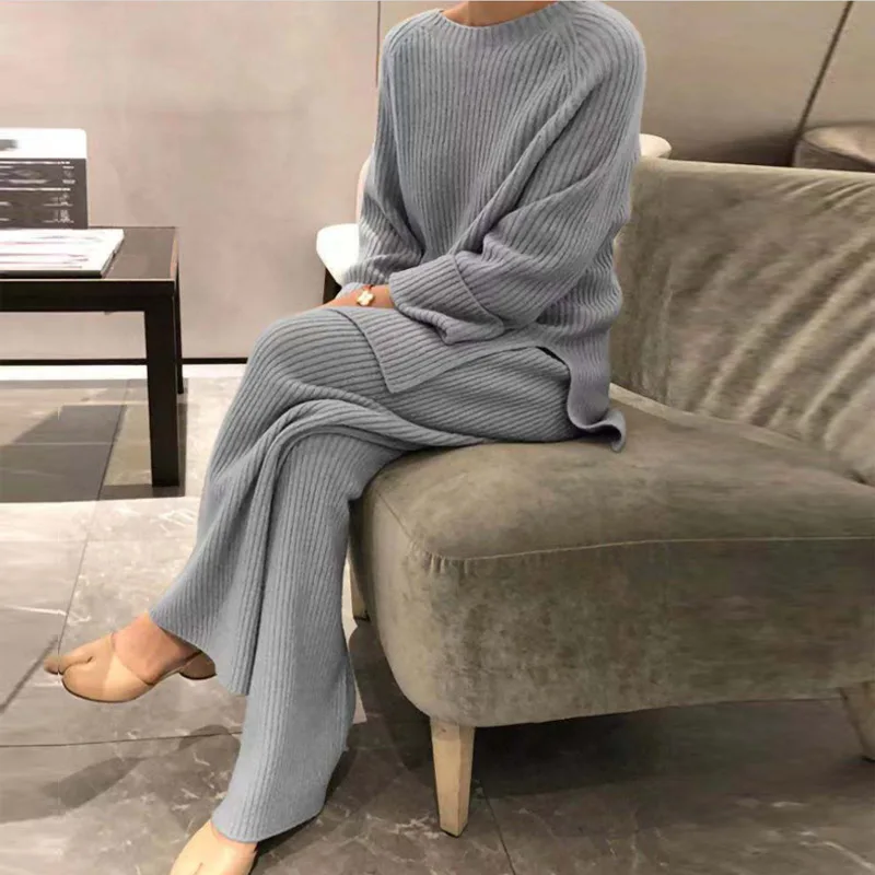 Senhora casa terno outono moda macio casual o-pescoço pulôver topos + calça de malha novo homewear pijama inverno sólido feminino conjunto de duas