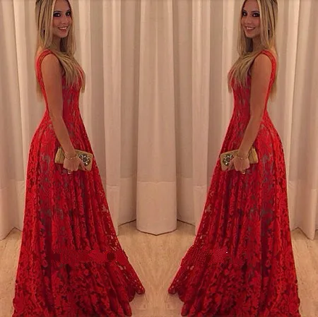 Vestido de noche de encaje rojo para baile de graduación, traje sexy sin mangas, largo y elegante para fiesta de quinceañera, 15 años