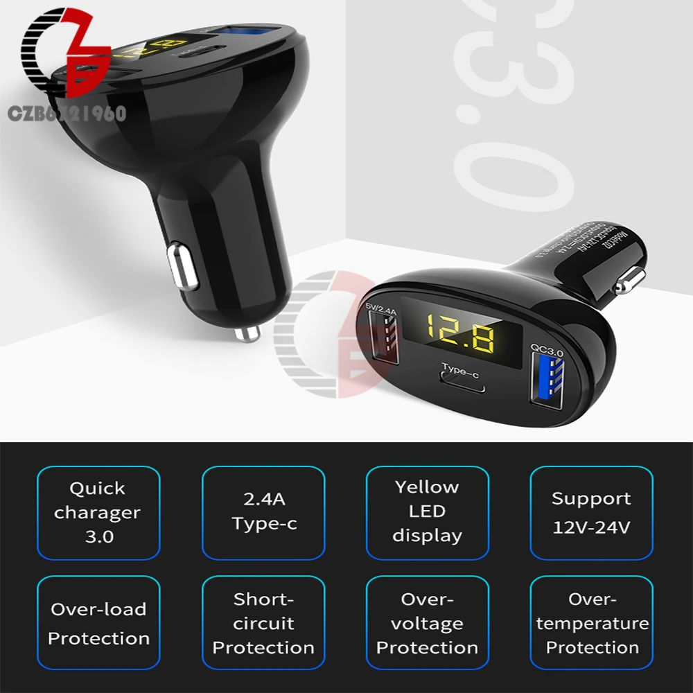 Type-C USB C QC3.0 QC2.0 Fast Quick Car Charger Voltmeter Battery Capacity Indicator 5V 12V 24V 2.4A 32W Voltage Meter for Phone