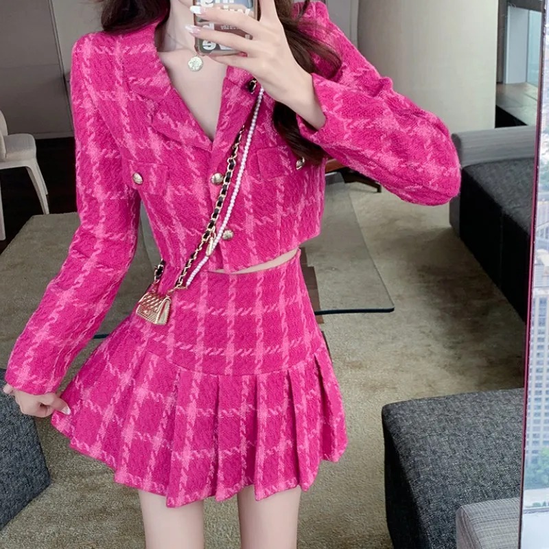 Autumn Small Fragrance Plaid Tweed Skirt Suit Women Single Breasted Rose Red Short Jacket Coat + Pleated Mini Skirt 2 Piece Set