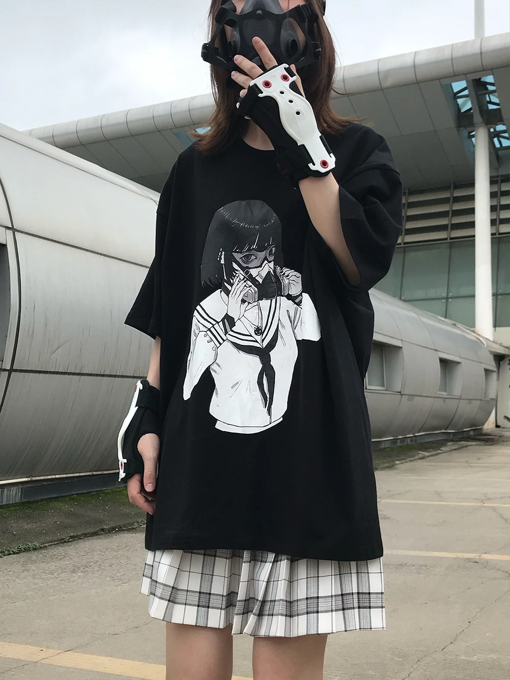 Goth anime czarne bluzki damskie t-shirty Gothic Harajuku Punk długi rękaw z nadrukiem wąskie koszulki Kawaii lato damski krótki Top y2k