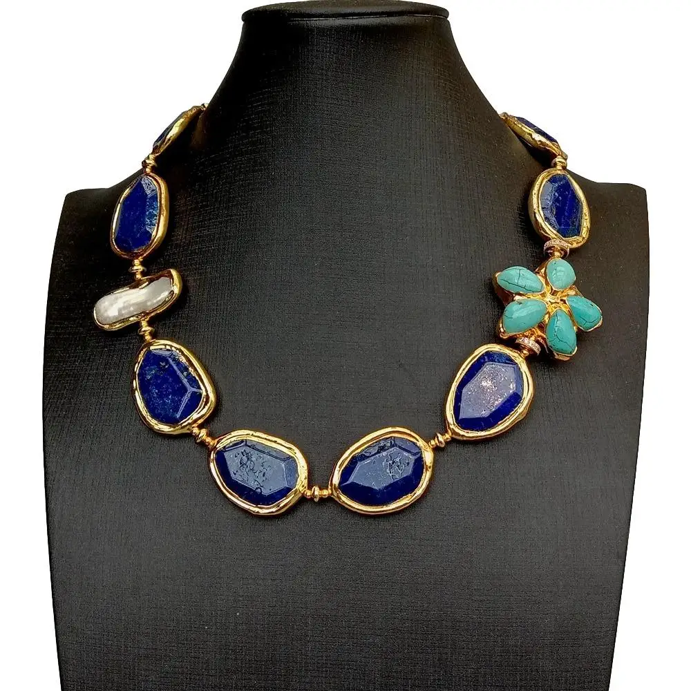 KKGEM White Biwa Pearl With Electroplated Edge Faceted Blue Lapis Lazuli Chunk Turquoise Flower  choker Necklace