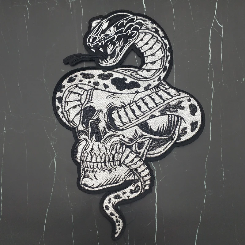 1 Piece Domineering Embroidered Black Snake Skull Accessories Rock Style For Clothing Large Patches Iron On DIY Stickers