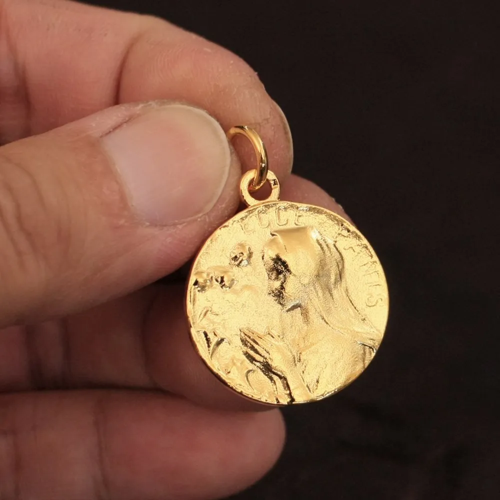 LINSION 2 Sides Round Virgin Mary Pendant Charms Gold Plated Brass Jewelry GP166 JP