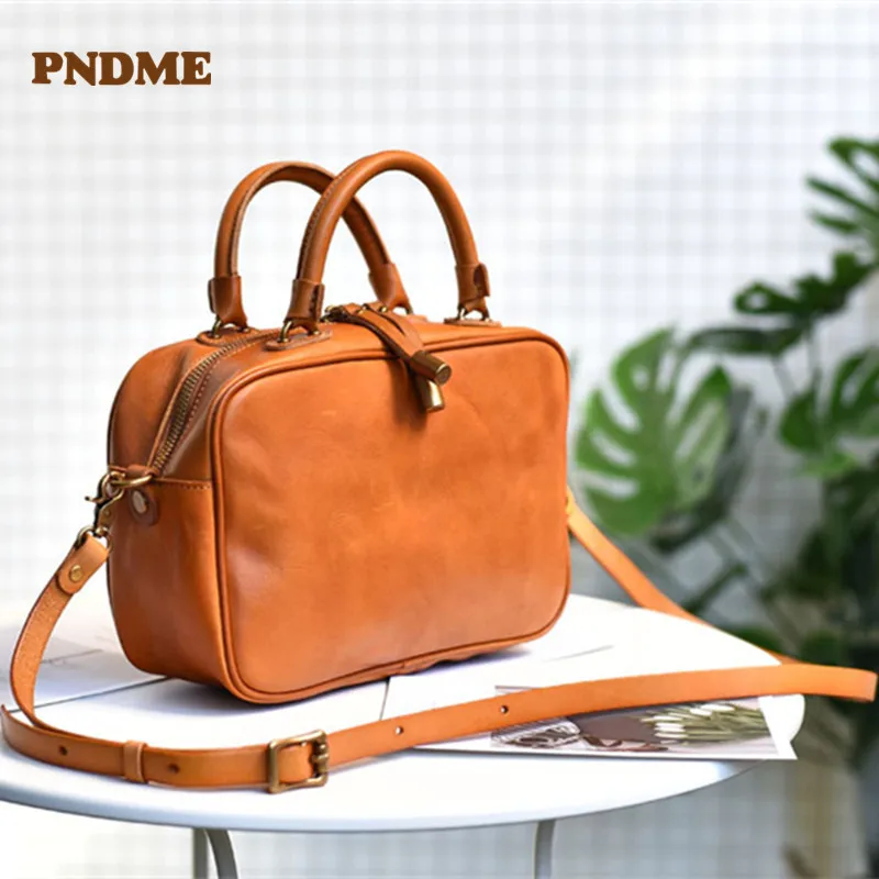 PNDME fashion luxury retro Genuine leather ladies small square handbag casual natural cowhide party one-shoulder messenger  bag