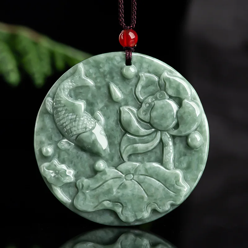 

Hot Selling Natural Emerald Lotus Fish Pendant Charm Jewellery Hand-Carved Sweater Chain for Women Men Fashion Accessories