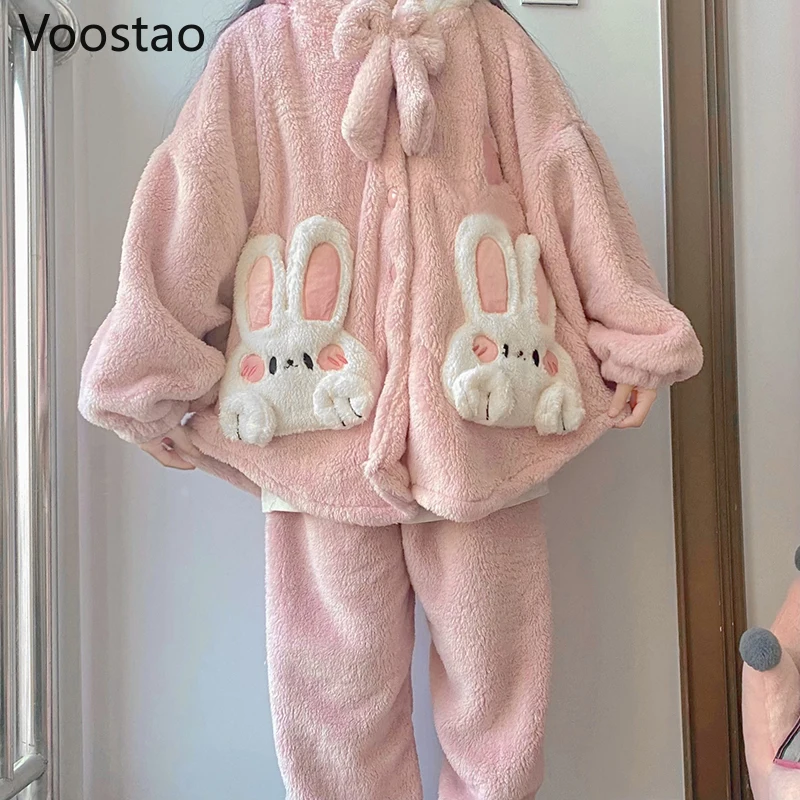 Autumn Winter Women Cute Princess Coral Fleece Pajamas Sets Warm Cartoon Rabbit Ears Hooded Homewear Girls Sweet Plush Sleepwear