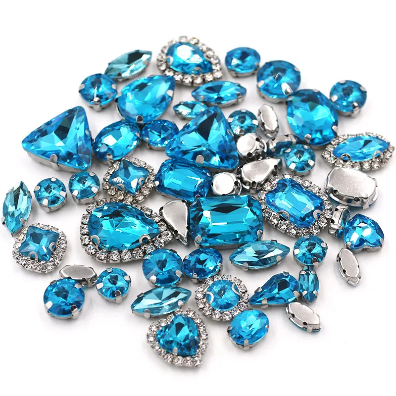 50pcs/Bag Lake Blue Mixed Shape Sew on Glass Rhinestone Silver Claw and Crystal Buckle Diy Wedding Decoration Clothes/Shoe/Dress