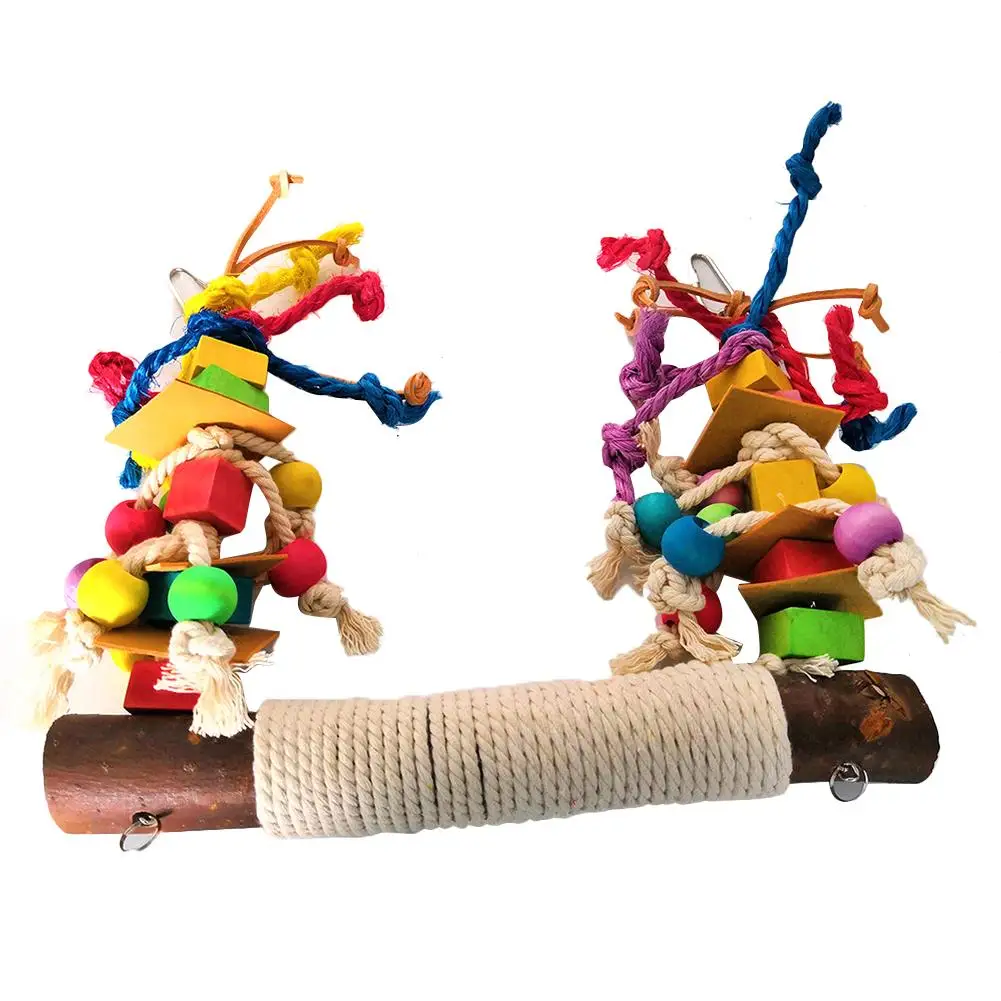 Parrot Toy Bird Bite Toy Perch Wooden Leather Colorful Building Block Cotton Rope Big Swing Standing Training Toys For Pet Birds