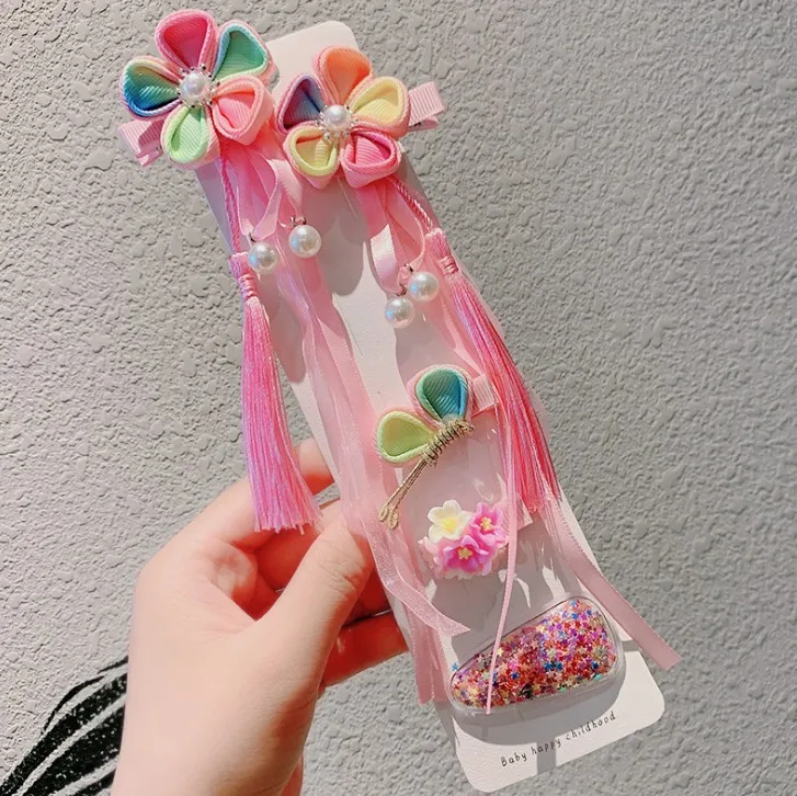 

5 шт./компл., новые детские красочные цветочные украшения с кисточками, заколки для волос для девочек, милые заколки Hanfu, заколки для волос, детские аксессуары для волос