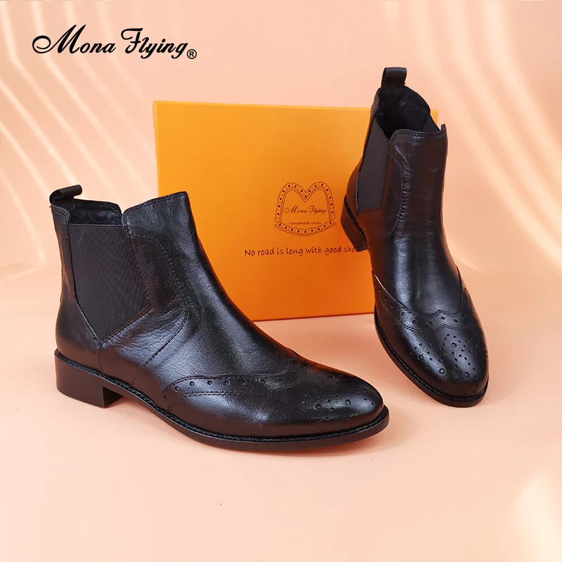 Mona Flying Stivaletti Chelsea in morbida pelle da donna alla caviglia alti fatti a mano su stivaletti Brogue con punta alare Tacchi bassi 068-31-2