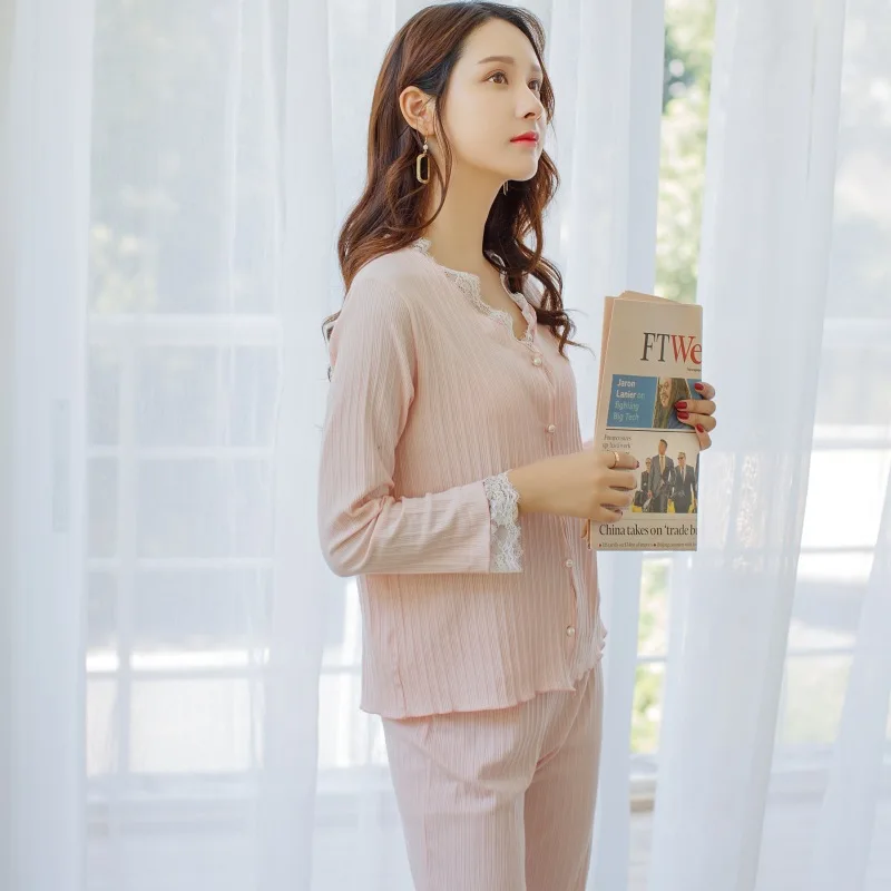

Korean Pajama Female Pure Cotton Autumn Suit Sweet Lace Princess Wind Fresh Lovely Girl Home Wear Two Pieces Intimate Sleepwear