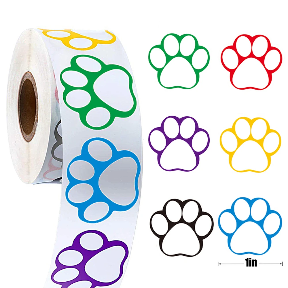 500Pcs 1Inch Paw Print Stickers Roll Colorful Dog Paw Labels Stickers Writable Label Waterproof Bear Paw Print Stickers for Kids