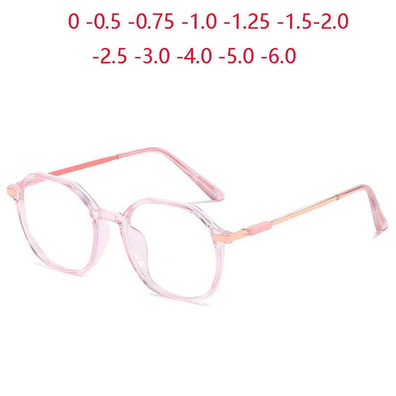 Transparent Pink Frame Polygon Anti Blue Light Myopia Glasses Finished Women Stundent Prescription Spectacles 0 -0.5 -1.0 To -6