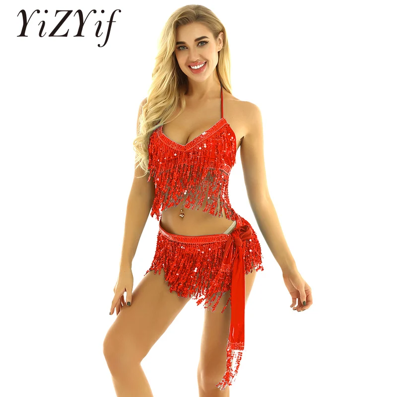 Belly Women Shiny Sequin Tassels Belly Dance Costume professional Halter Neck and Back Tie Up Bra Top with Hip Scarf Wrap Skirts