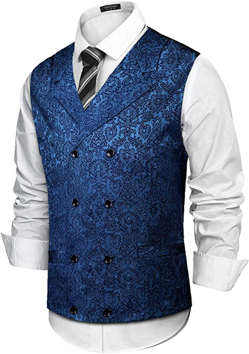 ผู้ชาย Damask ดอกไม้คู่ Breasted Vest Lapel Victorian Era เสื้อกั๊ก Steampunk Slim Vest