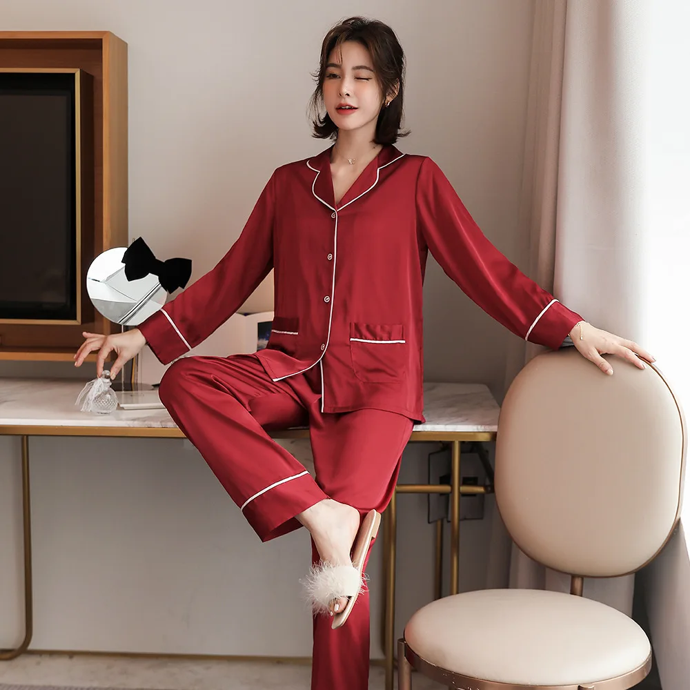 Women Pajamas Set Spring Autumn Long Sleeve Sleepwear 2PCS Shirt&Pant Solid Navy Blue Faux Silk Satin Loungewear Trouser Suits