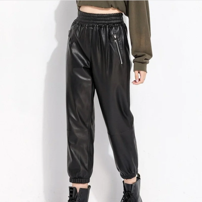 Waist Elastic Casual Natural Leather Pants Women Punk Biker Loose Sheepskin Ankle-Length Pants Brand Lady Black Harem Pants