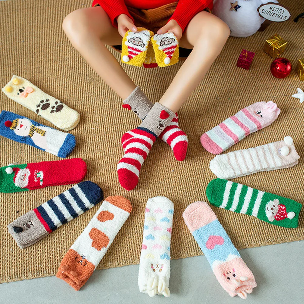 2 Pairs Women Socks Christmas Style Owl Penguin And Sheep Cartoon Coral Velvet Winter Warm Sleep Cozy Socks