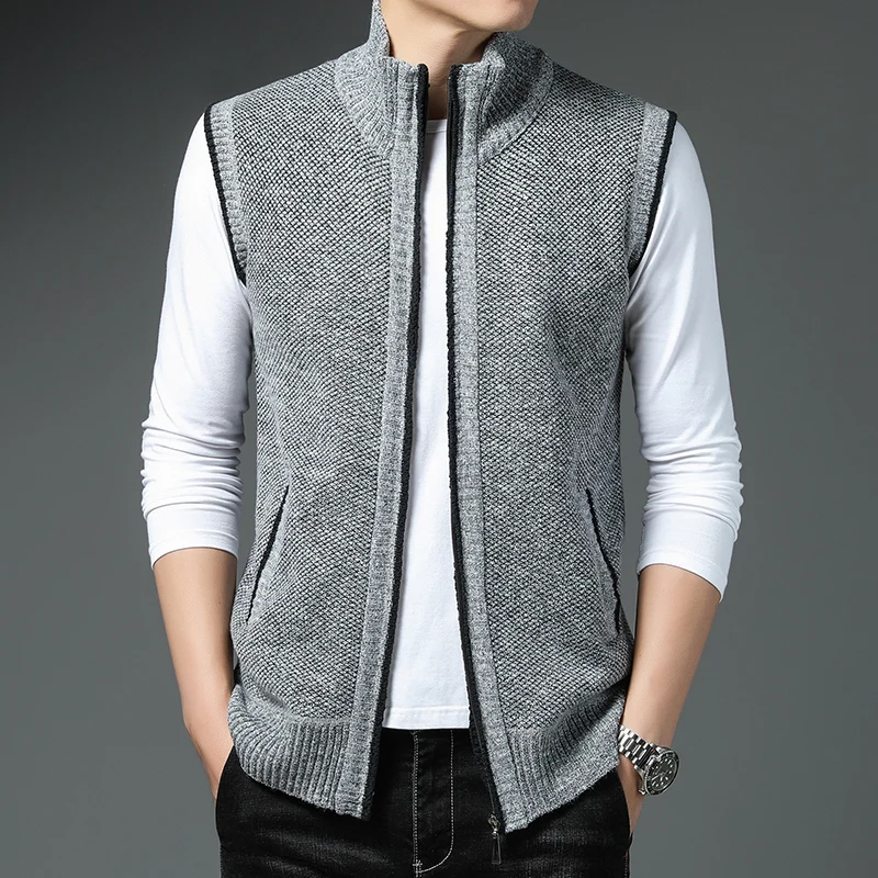 

Autumn Winter Men's Vest Full Zipper Sleeveless Jackets Knitted Casual Jackets Warm Fleece Cardigan Waistcoat Sweaters Coat