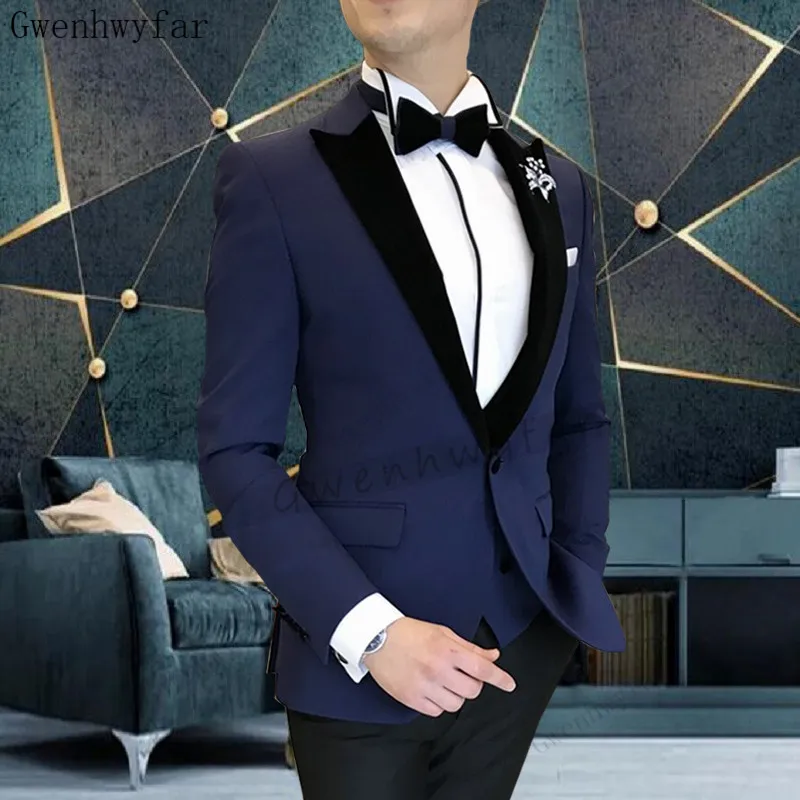 

Gwenhwyfar 2023 Best Sell Navy Blue Suits Peaked Lapel Custom Made Wedding Tuxedos Slim Fit Male Suits (Jacket + Vest+Pants)