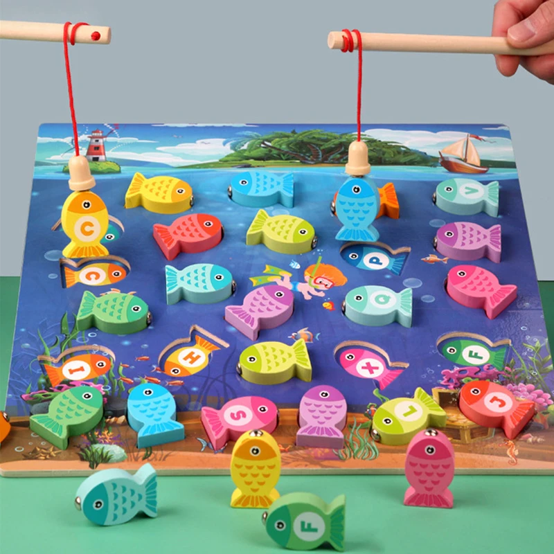 Montessori Baby Wooden Magnetic Fishing Game Toy Preschool Educational Cognition Color Letter Teaching Aids Outdoor Fish Toy