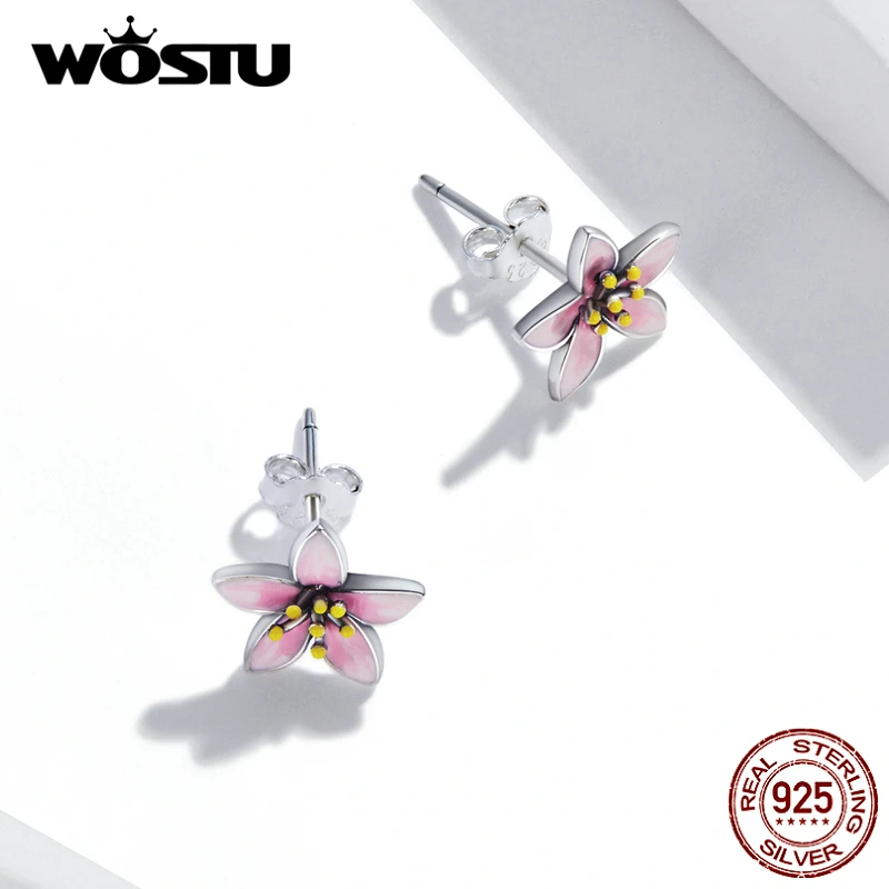 WOSTU 925 Sterling Silver Pink Cherry Blossom Small Cute Stud Earrings For Women Fashion Party Jewelry CQE1273