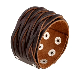 Retro Brown Double Deck Wide Genuine Leather Bracelets Handmade Cross Weave Bangles Women Men Ethnic Punk Style Jewelry