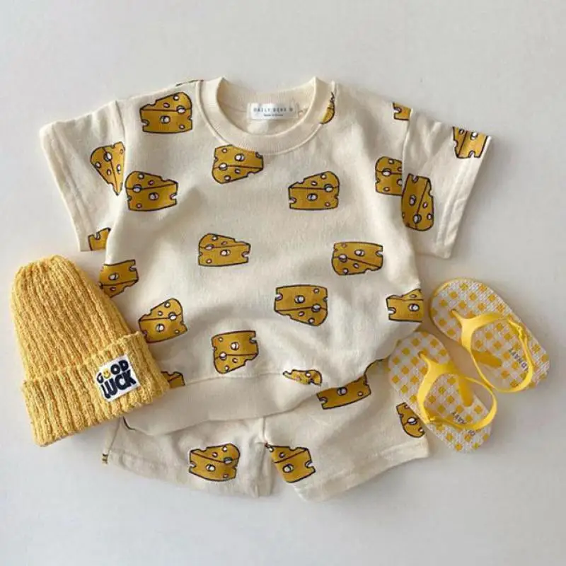 New Kids Baby Cute Balloon Print Clothing Sets Girls Boys Cotton Short Sleeve Sweatshirts Set Children Sport Shorts Suit