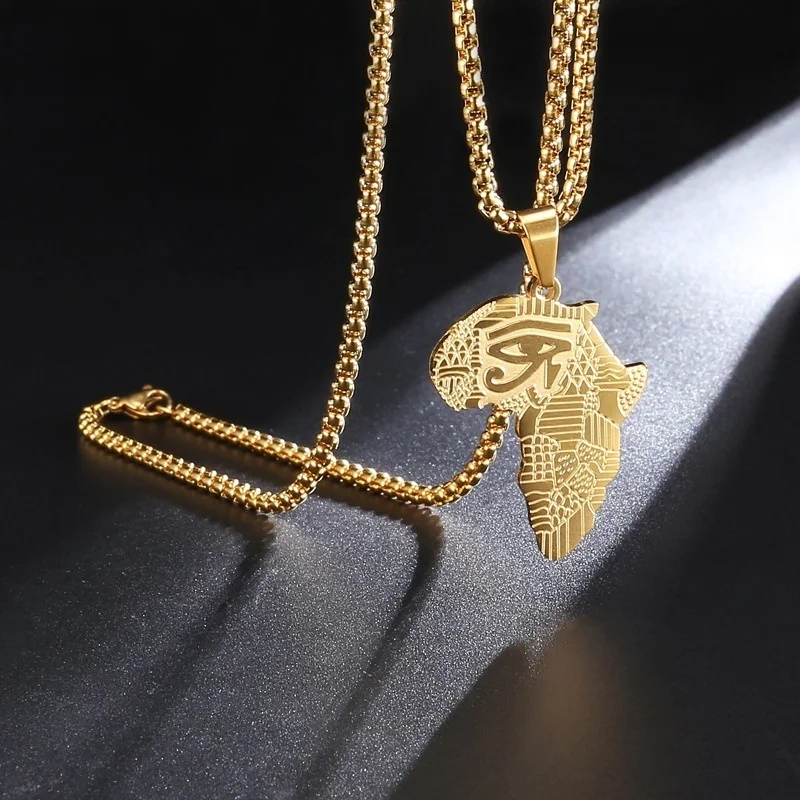 Africa Map Pendant Necklace Men's Necklace Ancient Egyptian Sun God Eye of Horus Pattern Pendant Necklace Accessories Jewelry