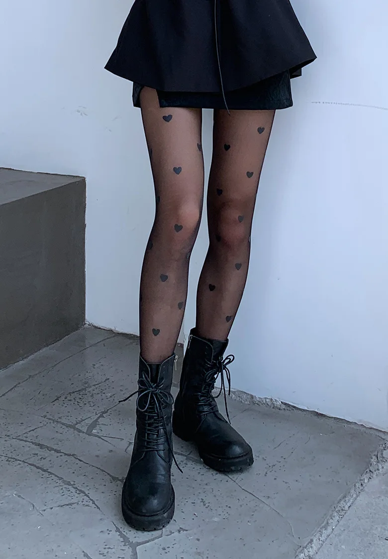 KASURE Sexy Women Pantyhose Summer Heart Print Tights Stockings Nylon Seamless Mesh Tights Women Nylon High Elastic Female Panty