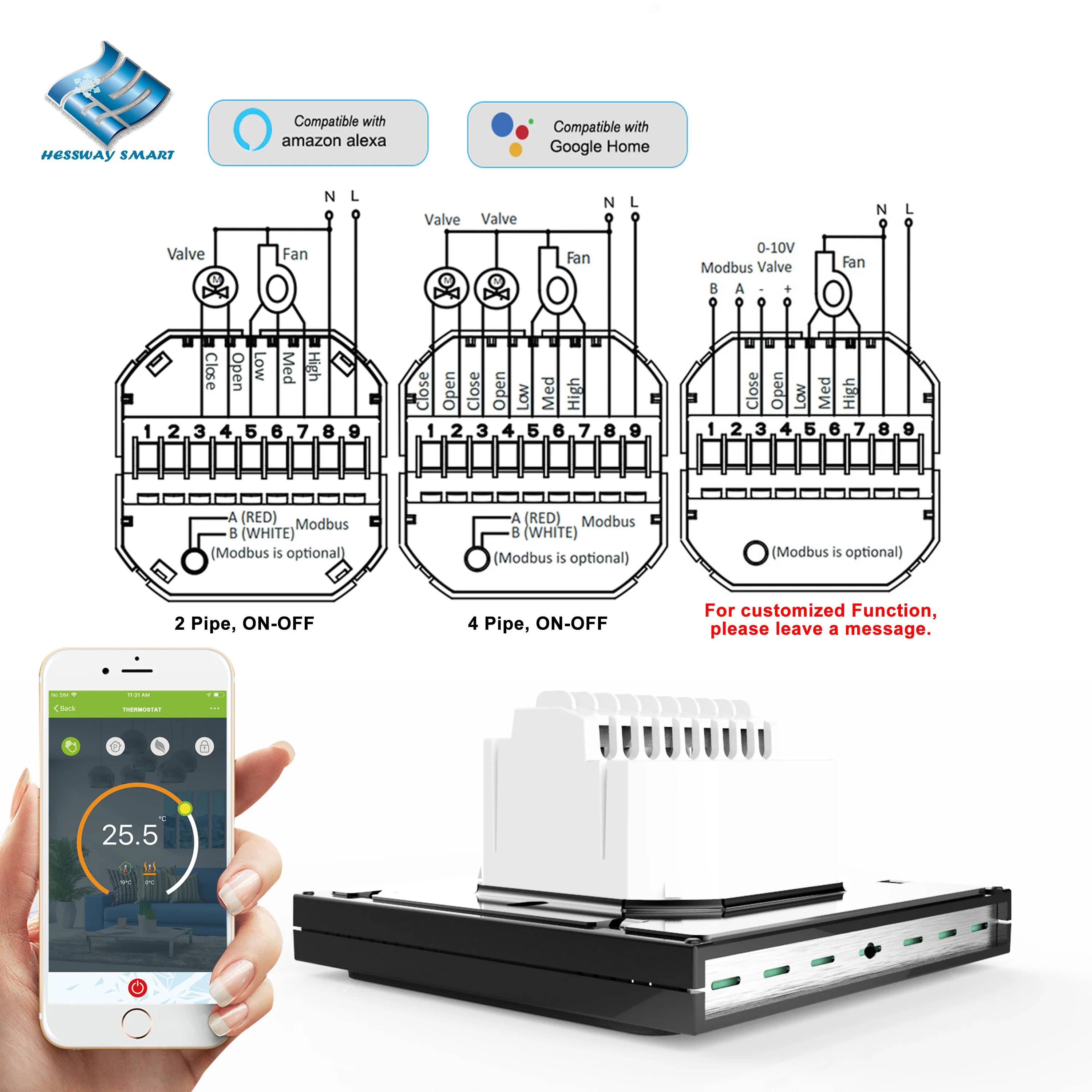 

WIFI Smart Thermostat Temperature Controller for Cooling Heating Programable Thermostatic Valve RS485 RTU 2P/4P 24V 95-240VAC