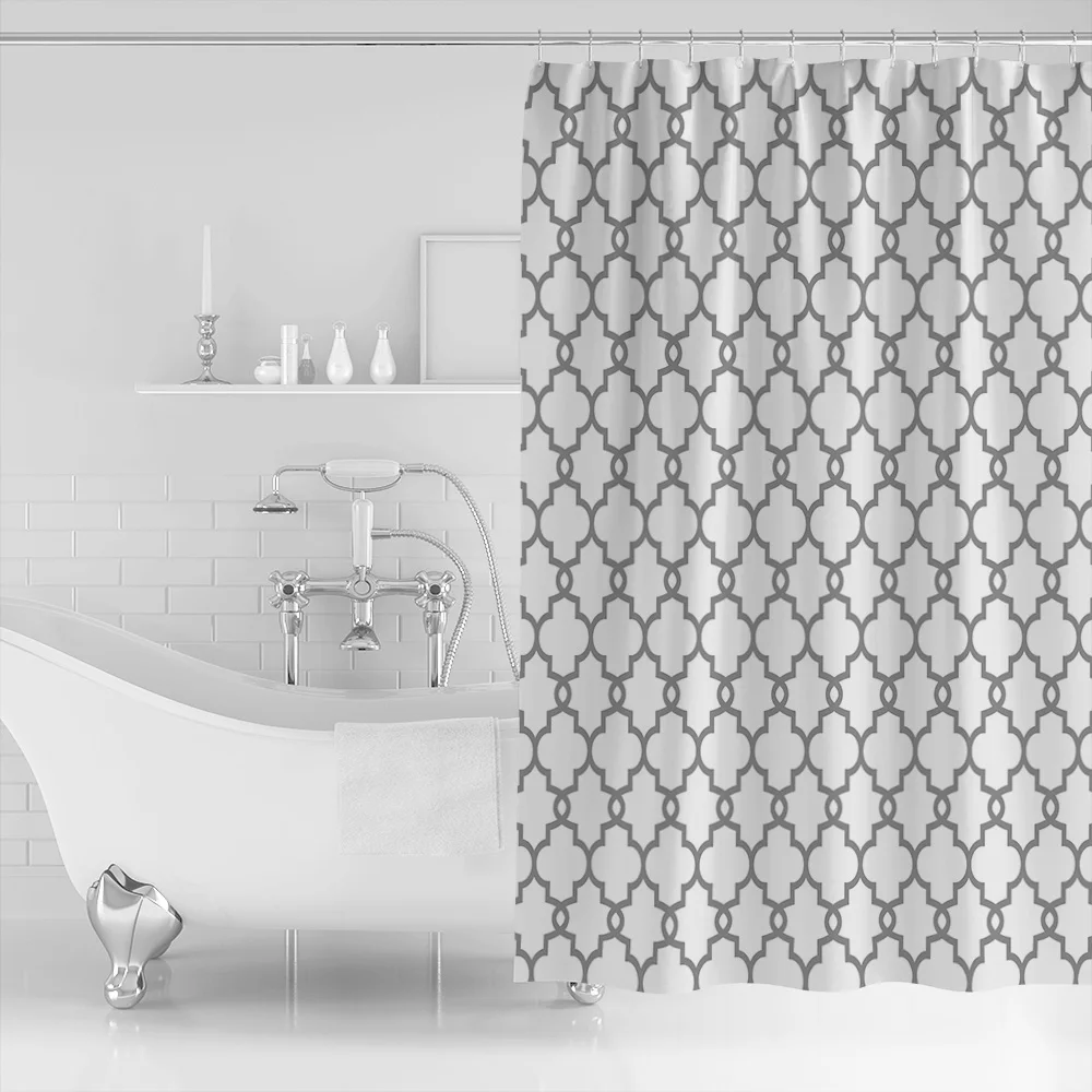 New Waterproof Moroccan Style Geometric Pattern Shower Curtain Polyester Fabric Gray White Bathroom Curtains for Home Decor image 2