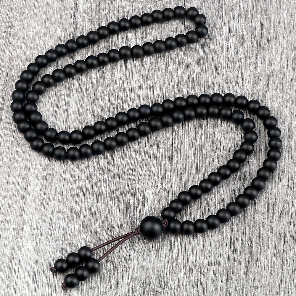 Shiny Black Natural Stone Beaded Necklace Obsidian Matte Onyx 108 Mala Beads Wrap Bracelet Meditation Yoga Jewelry for Women Men