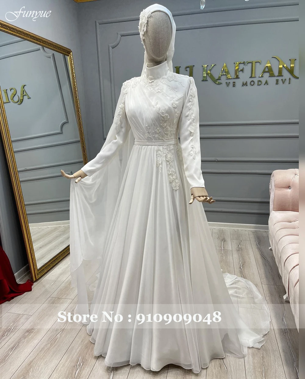 Elegante muslimische Langarm Brautkleid A-Linie Chiffon Spitze Frankreich Brautkleid neue High Neck Applikationen Vestidos de Novia