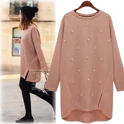 New Round Neck Pullover Knit Sweater Spring Autumn 2023 Medium Long Nail Bead Bottoming  Coat for Large Size Women's