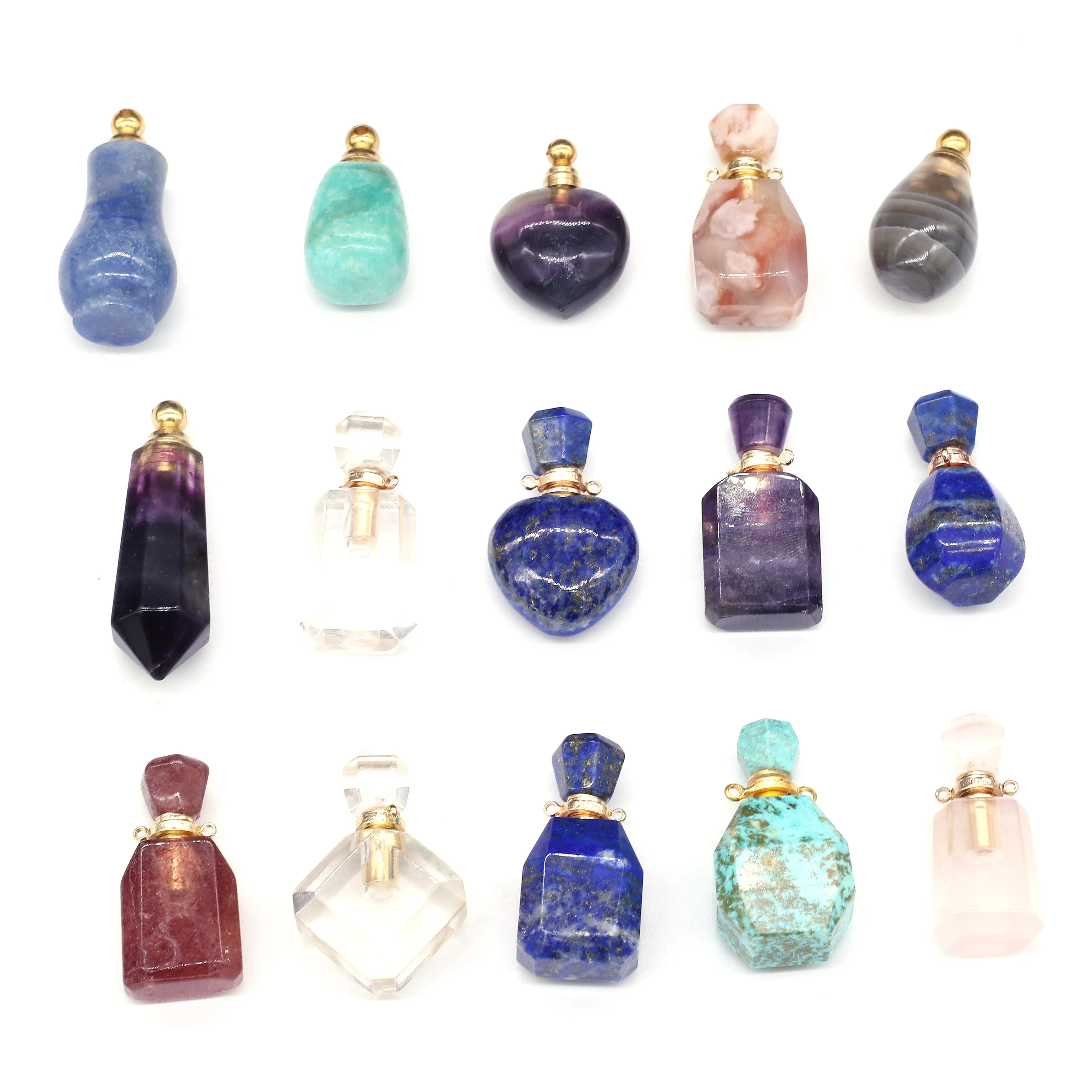 1PC Natural Stone Agate Perfume Bottle Connector Amethyst Fluorite Pendant Essential Oil Diffuser Charms DIY Necklace Jewelry