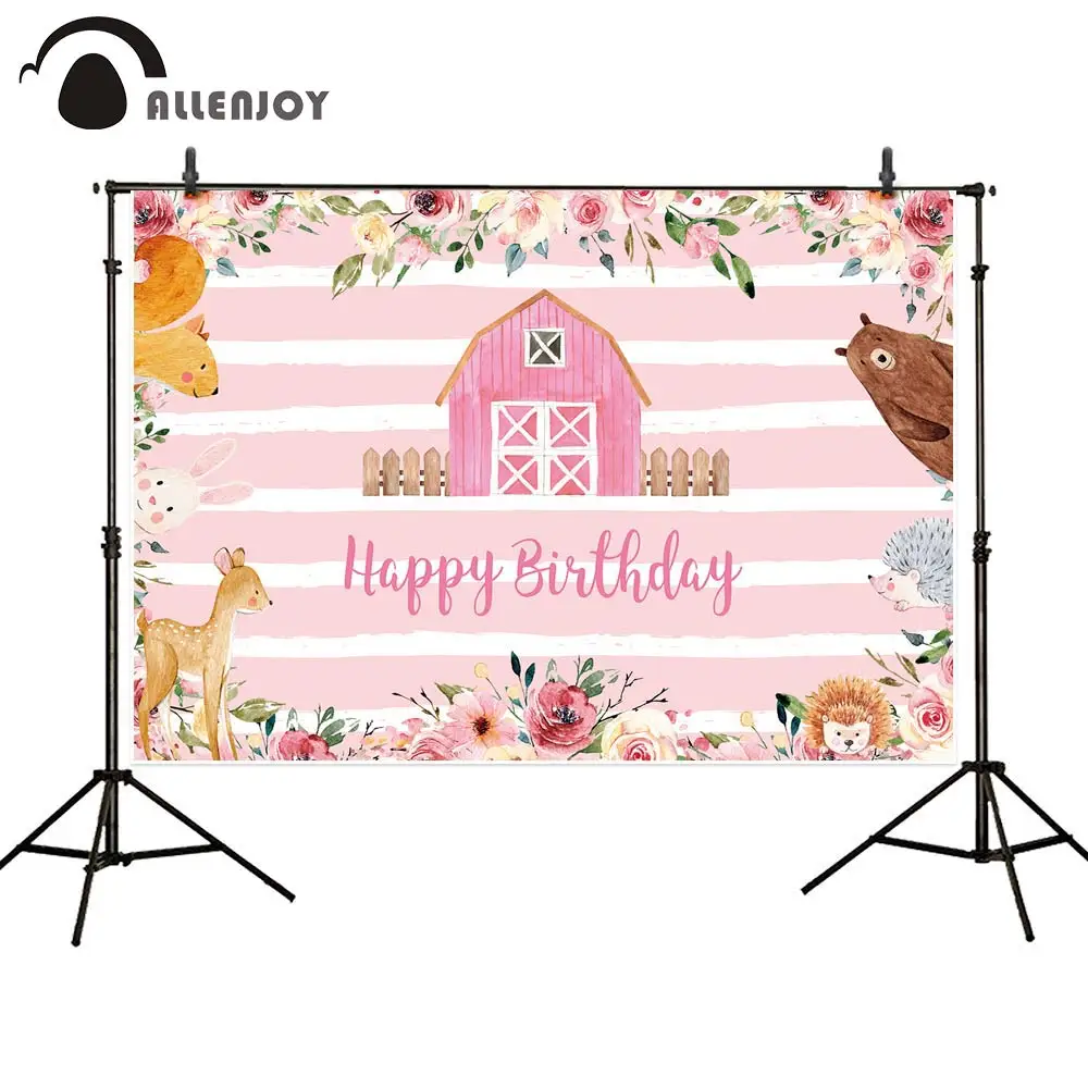 Allenjoy farm Zenon Party pink Backdrop flowers Leaves Animals Baby Shower Birthday Party Supplies Background Photography Studio