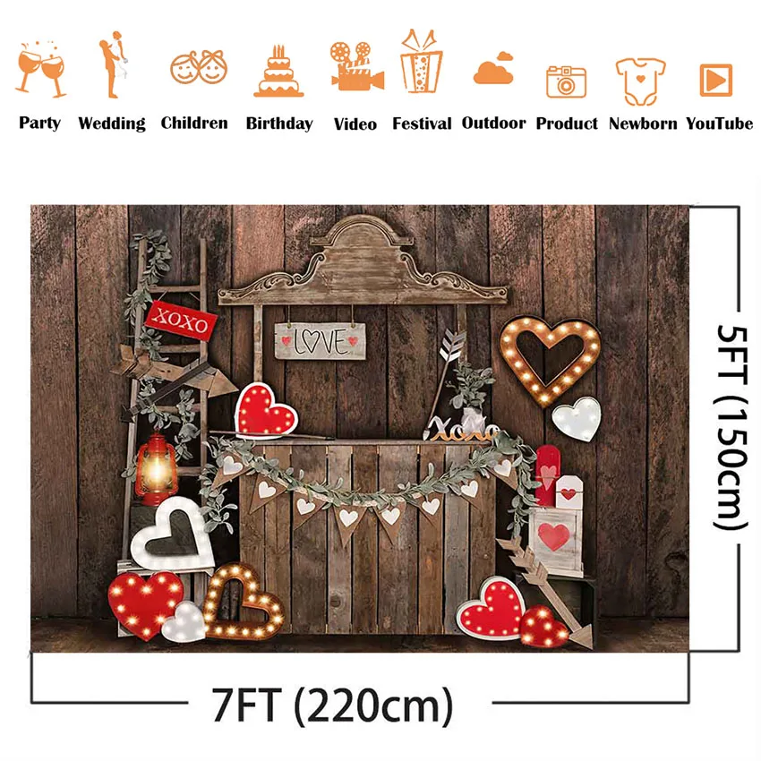 Rustic Wooden Wall Backdrop for Photography Love Heart XOXO Love Heart Photo Background Photophone Valentine's Day Party Decor